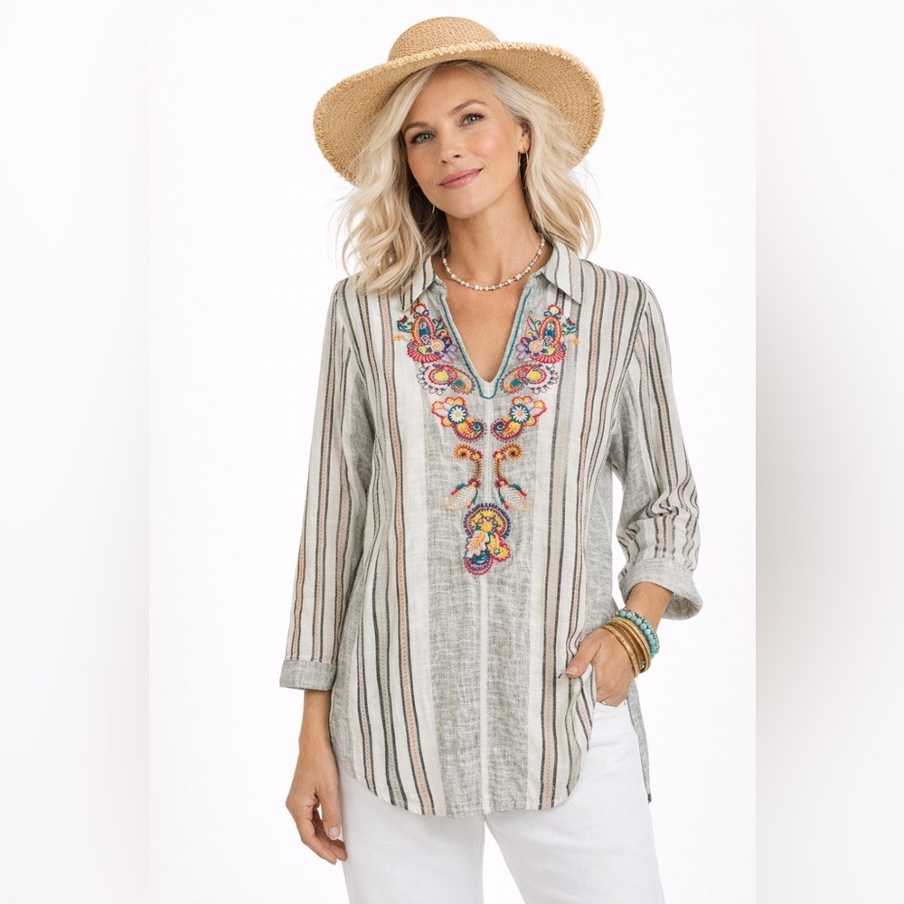 Soft Surroundings Brookhaven Embroidered V-Neck Cotton Striped Tunic Top Petite